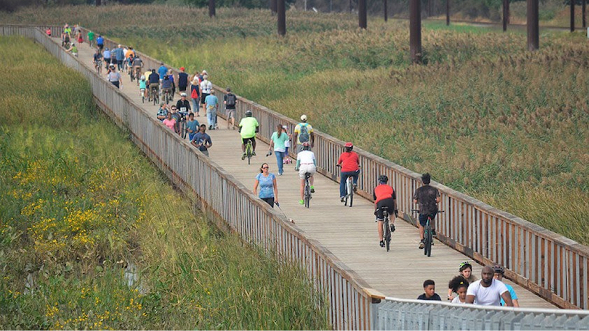 People walking and biking across a multi use path in the outdoors.