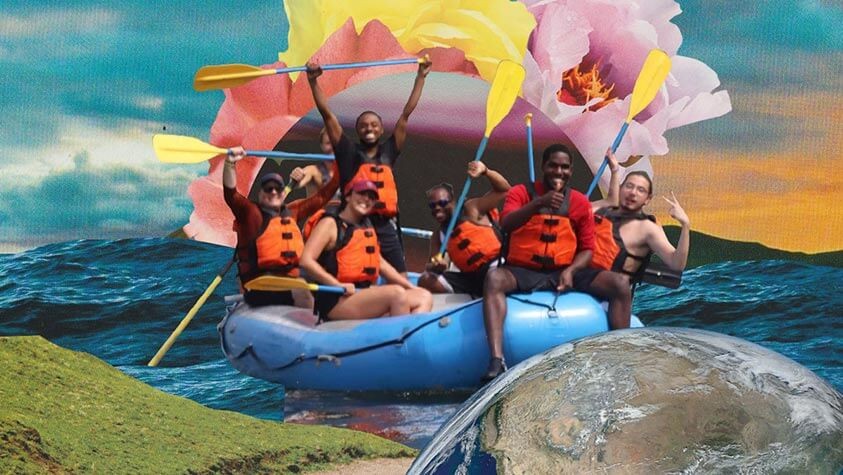 A goofy photo collage of friends river rafting through the sky against flowers, land, earth and the sea.