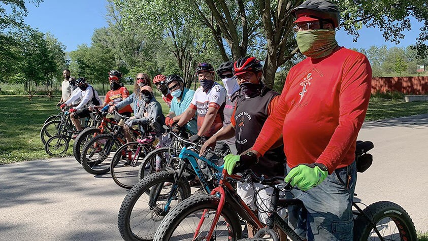 Lined up and ready to ride, a group of friends prepare to take on Big Marsh Park.