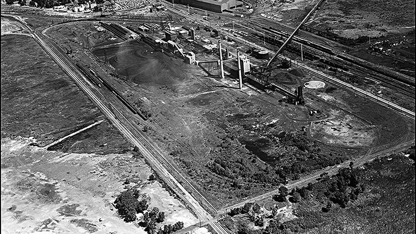 An historic sepia aerial photo shows Big Marsh prior to being reclaimed from landfills and steel production.
