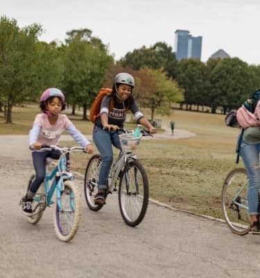 Three cyclists head to an afternoon picnic in the park.