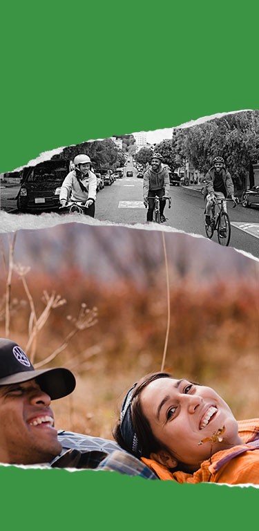 Collage of cyclists on a ride in the city and two friends kicking back in a fall meadow.